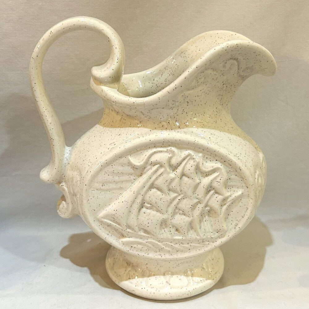 VTG McCoy Speckled Ivory Pottery Pitcher Skipper Ship